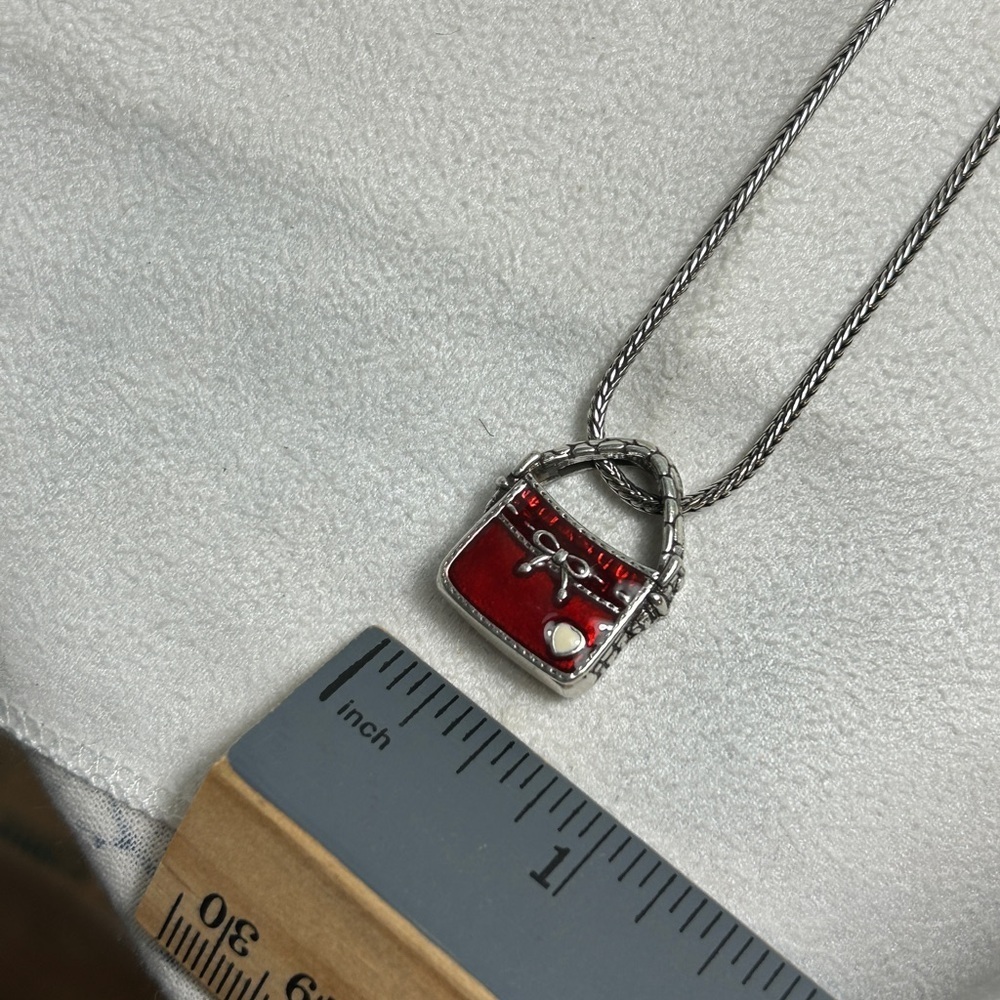 Brighton Red Purse Charm Necklace Silver Plated Enamel 16" Adjustable - Picture 7 of 10